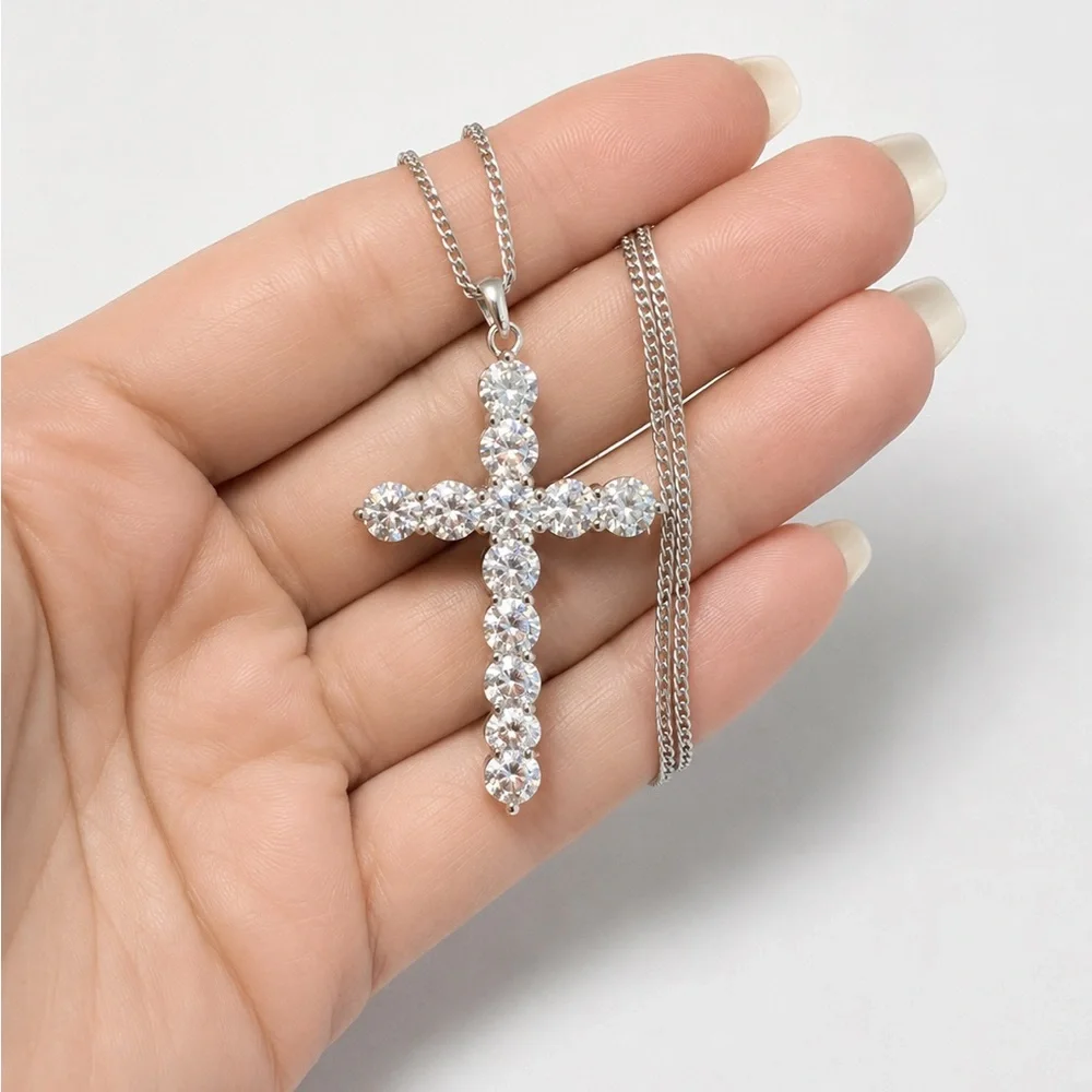 925 Sterling Silver 6.00CT MOISSANITE Cross Pendant Necklace Size 18”